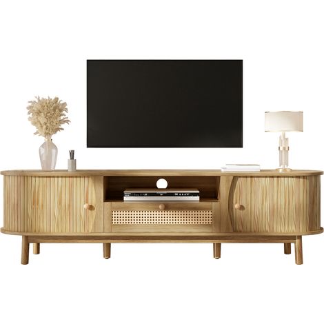 Rangement salon naturel, meuble bas TV 165 x 37 x 46 cm avec porte coulissante, tiroirs et coins arrondis (1/5)