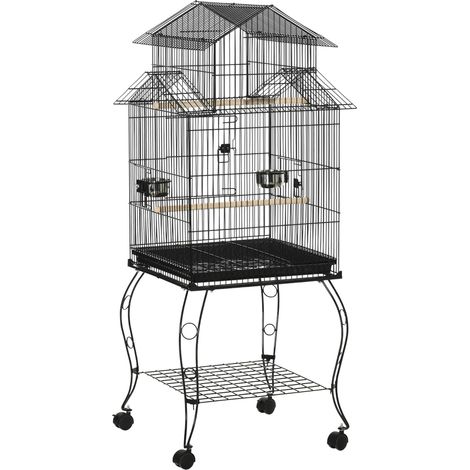 Cage à oiseaux d'intérieur en bois avec plateau, 4 roues et perchoir, 50 x 49 x 137 cm (1/5)