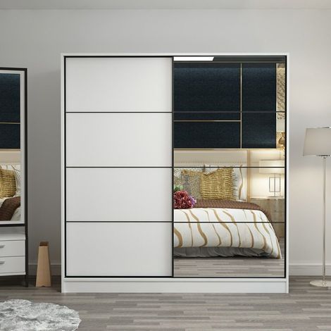Dressing Carina Blanc L180xH210cm avec 2 portes coulissantes Miroir à droite et Blanc (1/5)