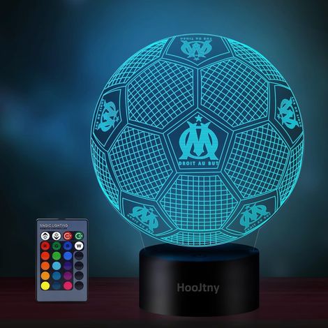 Lampe Football Olympique de Marseille, 3D Lampe LED, 16 Couleurs USB Rechargeable, Cadeau Enfant Garçon Anniversaire Noël (1/5)