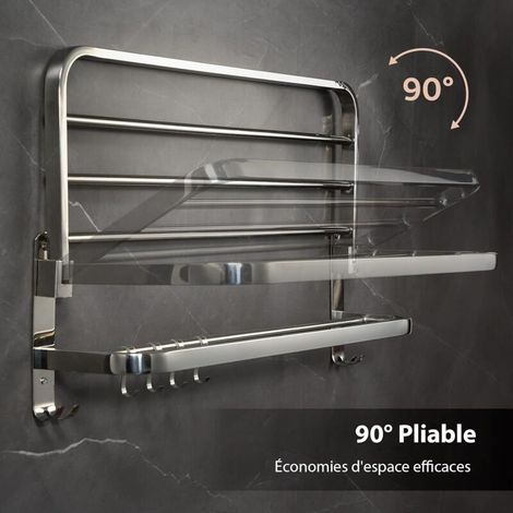 Toallero de baño, estante plegable de pared con 2 niveles de almacenamiento y 4 ganchos. (1/3)