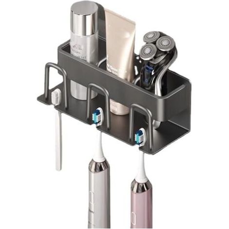 Porte-Brosse à Dents Mural en Aluminium, Support de Brosse à Dents électrique, Porte Brosse à Dents Adhésif avec 3 Tasses Support + 3 Fentes Têtes de Brosses à Dents Étagère (1/4)