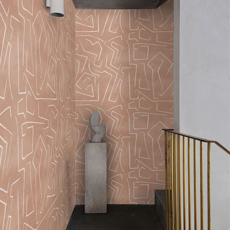 Carta da Parati Moderna Graffiti su Sfondo Rosa Salmone in Fogli di Carta, 250x200cm (1/5)
