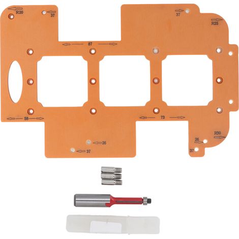 Unterputz-Schablone für 7x7 cm große Schalterdosen, multifunktional, für Eckradien R20, R25 und R30, mit Fräser (1/5)