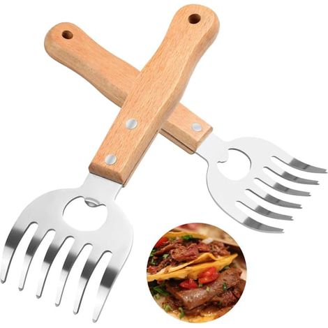 Filiyano – Outil de barbecue pour – Hachoir à viande en acier inoxydable avec long manche en bois - Outil de barbecue pour effilocher le porc, le (1/5)