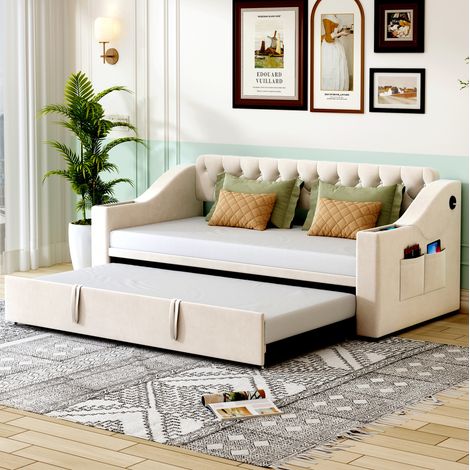 Divano Letto 90x190 cm con Struttura Convertibile in Tessuto Velluto Beige (1/5)
