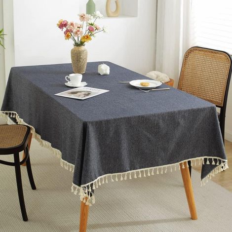Rechteckige Tischdecke mit Quasten aus Baumwolle-Leinen, Helles Schwarz, 100x140cm