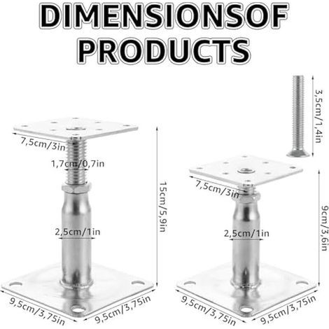 Lot de 4 Supports de Poteau Bois, Galvanisés Réglables en Hauteur 100 à 150 mm, 75 x 95 mm à visser, Pied de Poteau Reglable pour Clôtures, Abris, Pergolas (1/5)