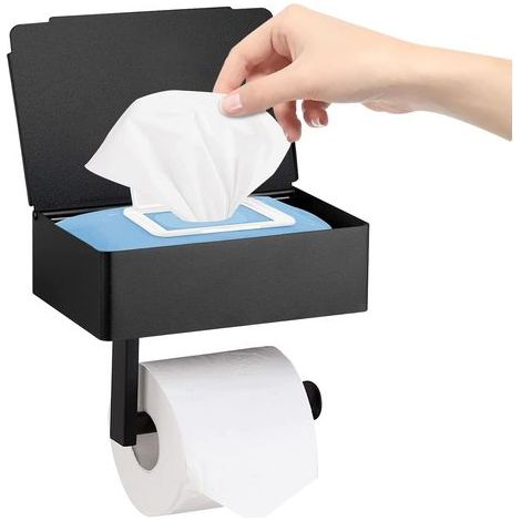 Toilet Paper Roll Holder with Wet Wipe Dispenser, Matte Black Wall Mount for Toilet Roll in Stainless Steel for Kitchen and Bathroom, Adhesive or Drilling (Black (1/5)