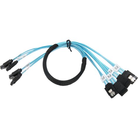 Câble de transmission MINI SAS vers 4 SATA pour connexion à un disque dur SSD, un ordinateur ou un serveur. Câble de données haute vitesse 7 broches vers 4 SATA, longueur 50 cm (1,6 pi). (1/4)