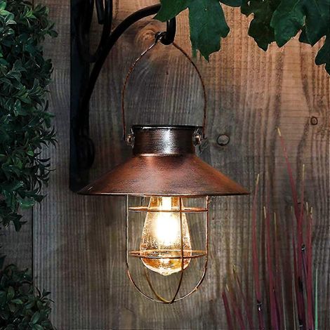 Lanterne solaire vintage en métal pour l'extérieur, avec éclairage LED blanc chaud, idéale pour le jardin, la terrasse et les arbres, coloris cuivre vintage (C) - AquaForge (1/4)