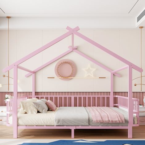 Lit cabane enfant 140x200 métal - barrière sécurité toit cadre décoratif - rose (1/5)