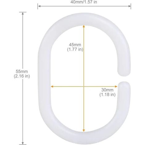 Crochets de rideau de douche en plastique, lot de 24, ovales en forme de C (anneau), blancs, 55 mm (1/5)