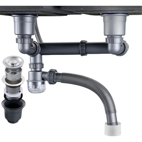 Kit de vidange double pour évier un kit de vidange pour évier de cuisine peu encombrant avec un siphon en P et un ensemble de vidange de type 114 (1/5)
