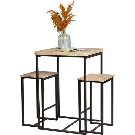 Set mit hohem Tisch und 2 Hockern – DARYL – Eiche und Schwarzmetall (1/2)