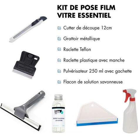 Kit de pose film vitrage – Cutter pour découpes précises – Raclette à manche 15 cm – Pulvérisateur pour solution savonneuse – Adhésif PH neutre – Dimexact