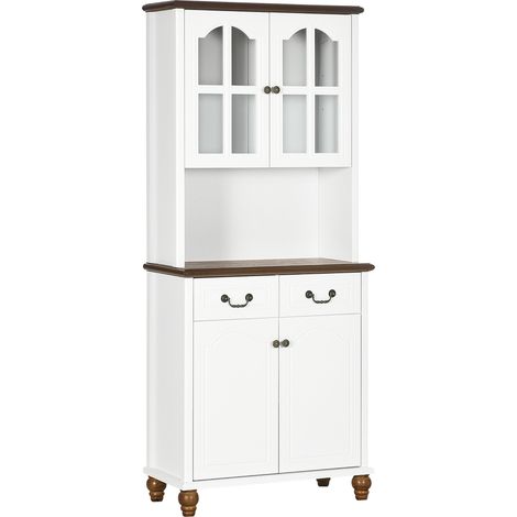 Credenza cucina alta con 2 cassetti, nicchia aperta e ante in vetro, bianca, 76 x 38 x 182 cm (1/5)