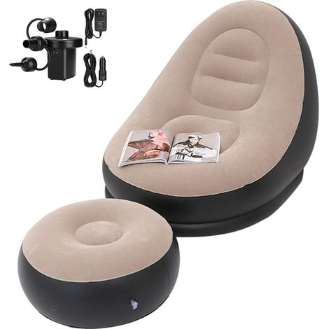 [JAMAIS UTILISÉ]Chaise longue gonflable avec pompe à air intégrée pour salon chambre à coucher voyage camping pique-nique plage couleur gris dimensions compactes transport facile