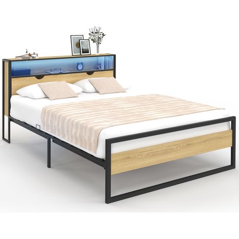 Doppelbett DETROIT LEDs in Kopfteil und Bettkasten integriert 140 x 190 cm Holz- und Metalleffekt schwarz Industriedesign