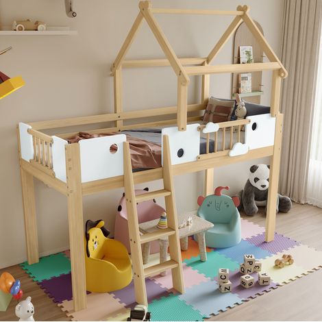 Cama alta infantil de madera de pino, MDF y contrachapado blanco y natural 90x200 cm con escalera y barandillas (1/5)