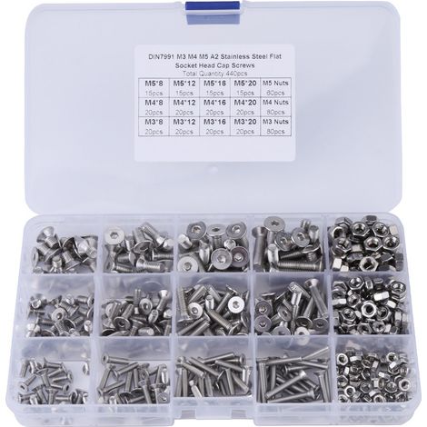 Kit de 440 vis et écrous à tête plate hexagonale creuse en acier inoxydable M3, M4 et M5