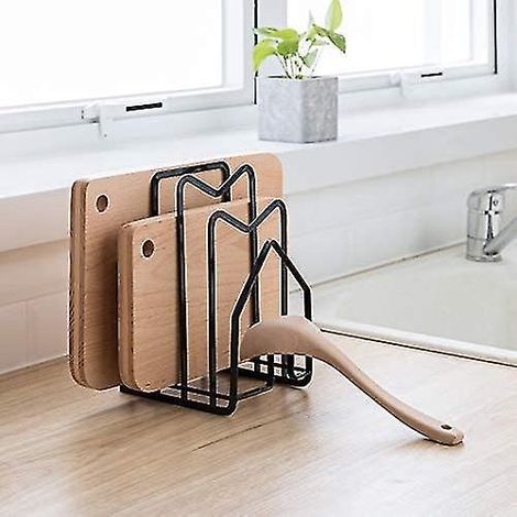 Support pour planches à découper, organisateur et rangement pour couvercles de casseroles et poêles, à poser sur le plan de travail. (1/4)