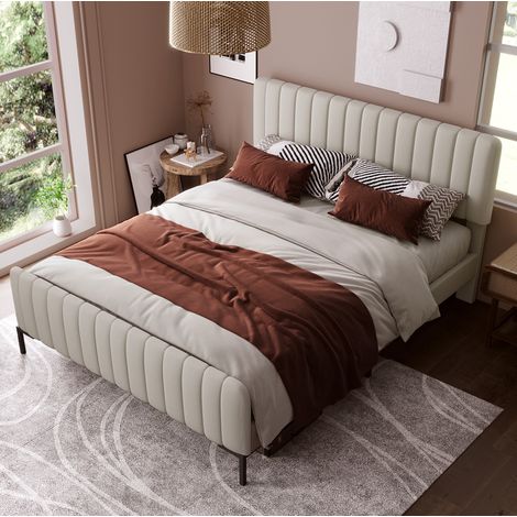 Bett 180x200 cm aus Leinen in Grau-Beige mit verstellbarem Kopfteil, ohne Matratze – MEUBLIV (1/5)