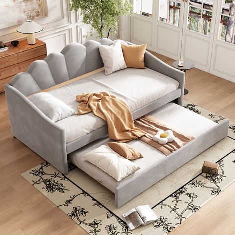 Upholstered Bed,Single Bed 90x190cm, Bottom with Trundle Bed 90x190cm, Daybed Sofa Bed, Youth Bed, Velvet, Grey (1/5)