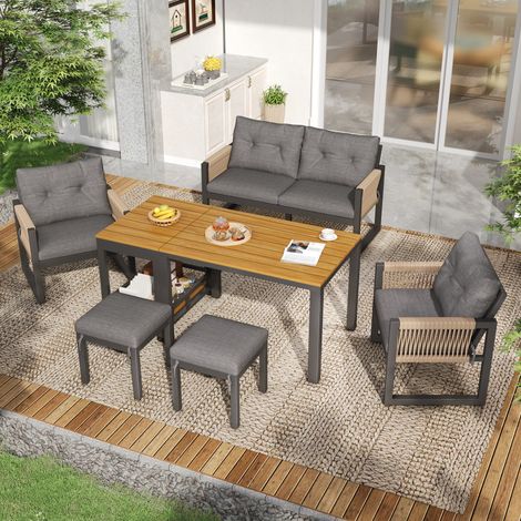 Salon de Jardin 6 Places en Fer avec Coussins, Ensemble Mobilier Extérieur Lounge (1 Canapé, 2 Fauteuils, 2 Poufs, 1 Table), Accoudoirs Tressés, pour Terrasse - Gris