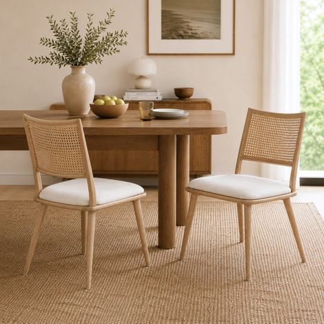 Lot de 2 chaises de salle à manger design, assise rembourrée en simili cuir PU, dossier en cannage, beige, assise confortable, pour salon ou chambre (1/5)
