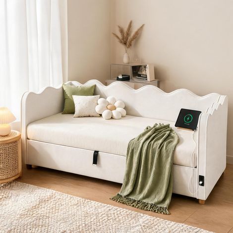 Cadre de lit beige en velours 216 x 102,5 x 74,5 cm (1/5)