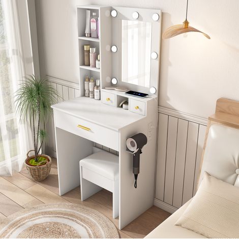Coiffeuse en MDF blanc avec miroir LED, prises, tiroirs et tabouret rembourré (1/5)