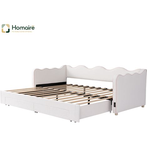 Cadre de lit beige avec rangement, port USB et couchage coulissant en beige 217 x 184,5 x 74 cm HOMAIRE (1/5)