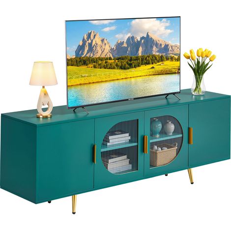 VEVOR Mueble de TV, Mueble de TV de Madera 1680 x 400 x 640 mm para Televisores de Hasta 1905 mm con Puertas de Vidrio y Patas Doradas y Estantes Ajustables, Consola para Sala de Estar, Verde (1/5)