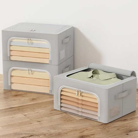 Gris, 24 L, lot de 3 boîtes de rangement pliables pour vêtements, housse de rangement pour couette, organiseur de vêtements avec cadre en métal, empilable (1/5)