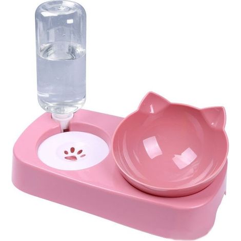 2 en 1 Gamelles pour Chat, Chat Gamelle avec Automatique Distributeur Eau, Double Bol Mangeoirs Gamelle pour Chat Chien avec Support, Inclinable 15°, Gamelles pour Chat et Petit Chien (1/5)