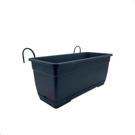 Fioriera per balcone rettangolare con sottovaso integrato - Vaso per piante in resina color Antracite con supporto in ferro da appendere - Misura 40x1 (1/5)