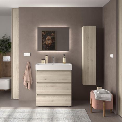Meuble de salle de bain BEQUIA 3C 80cm Naturel Vasque Veneto Porcelaine Centrale (1/4)