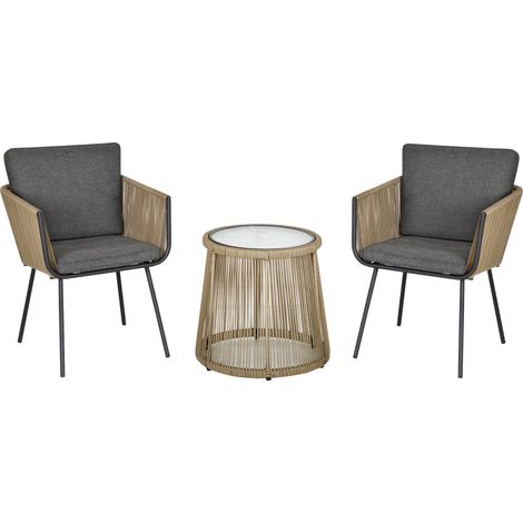 Salon De Jardin en Rotin,3 Pièces – 2 Chaises + Table Avec Plateau Verre –  Gris (1/5)