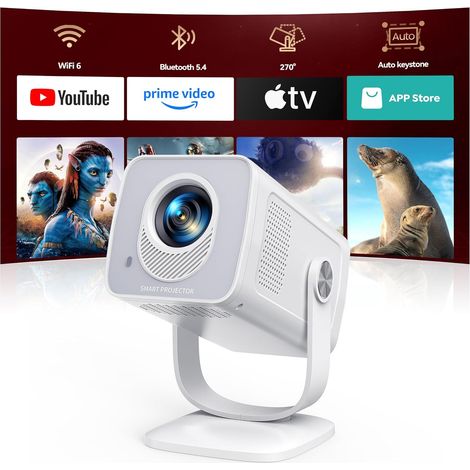Mini-4K-Projektor [Integrierte App & automatische Trapezkorrektur] Android 14, tragbarer WiFi 6 Bluetooth 5.4-Projektor mit 270°-Drehung, Mini-Projektor mit 1080p FHD-Video für Heimkino/Outdoor-Nutzun (1/5)