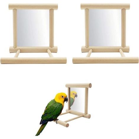 2 pièces Miroir Oiseau Perroquet, Perche Support D'oiseau avec Miroir,Cage à Oiseaux Perchoirs Miroir Jouet à Macher, Jouet en Bois de Cage Cacatoès pour Ara Gris Africain/Inséparables (1/5)