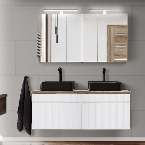 Badmöbel Set mit Doppelwaschtisch 120 cm in weiß matt mit Vintage Eiche Nb. IRAKLIO-56 Keramik Waschbecken schwarz und LED Spiegelschränke, B/H/T: ca. 120,4/200/46 cm (1/5)