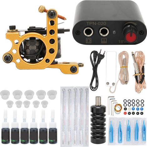 Lot de tatouage débutant avec bloc d'alimentation 90-265V, prise EU, pédale, cordon clip, kit encre et machine à bobine (1/5)