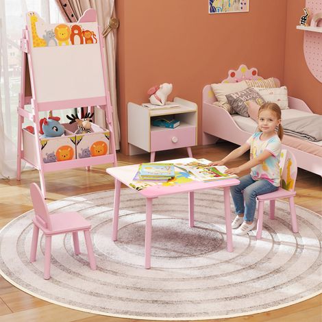 Table d'enfants avec 2 chaises, table et chaises pour enfants avec des motifs d'animaux pour garçons et filles de 3 à 8 ans, rose (1/5)