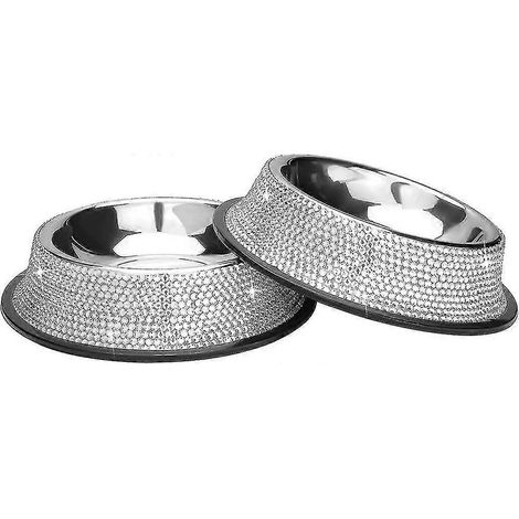 Glänzender Edelstahl-Futternapf mit Strasssteinen, Hunde- und Katzennapf, handgefertigt aus Edelstahl mit Strasssteinen-Silver