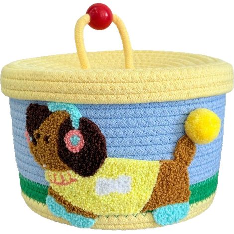 Panier décoratif en corde de coton jaune tressée à la main, idéal pour ranger jouets, goûters et cadeaux de naissance. Panier de rangement tressé pour garçon. (1/5)