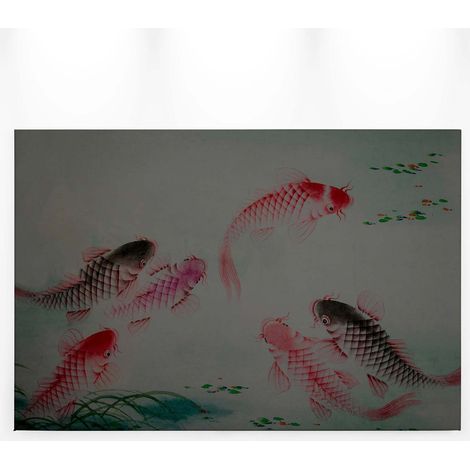 Tableau japonais bureau | Tableau poisson rouge & rose sur fond gris idéal couloir | Tableau sur toile moderne pour chambre - 0,9 x 0,6 m (1/5)