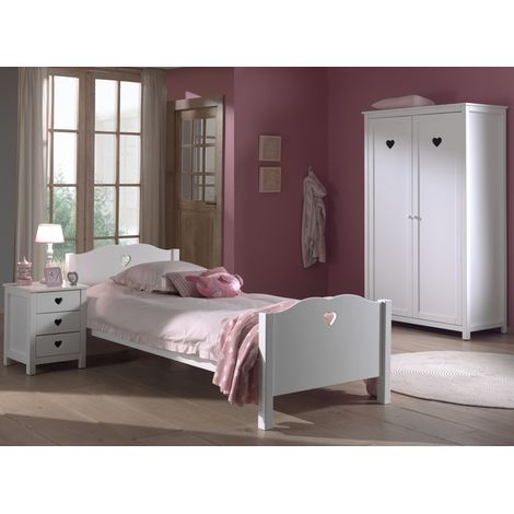 Lit 90x200 cm + chevet et armoire 2p en pin blanc - AMORENA (1/5)
