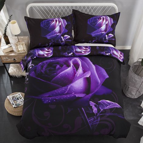 Parure de lit 4 pièces violette rose, housse de couette douce 2, ensemble literie confortable avec taies, couvre-lit floral, linge de chambre moderne (1/5)