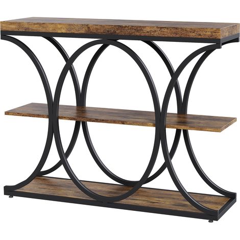 Table d’entrée industrielle table console 3 étagères avec cadre métallique demi-cercle, rangement en bois, 100 cm, brun rustique (1/5)